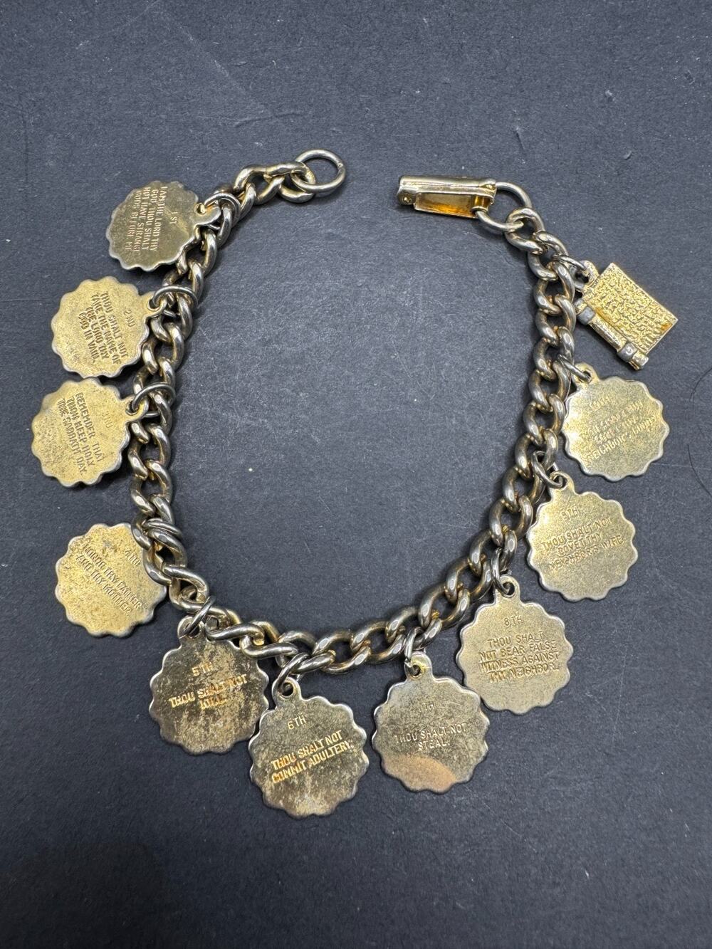 Vintage 1960’s 10 Ten Commandments Gold Tone Charm Bracelet Solid Heavy Chain